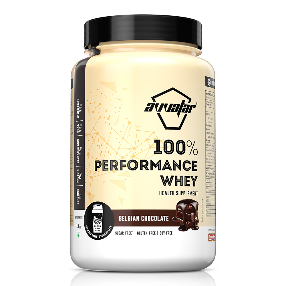 Enjoy the rich flavor of Belgian Chocolate in our 1 kg Performance whey protein powder. Elevate your workouts with Avvatar's irresistible offering. Order now!