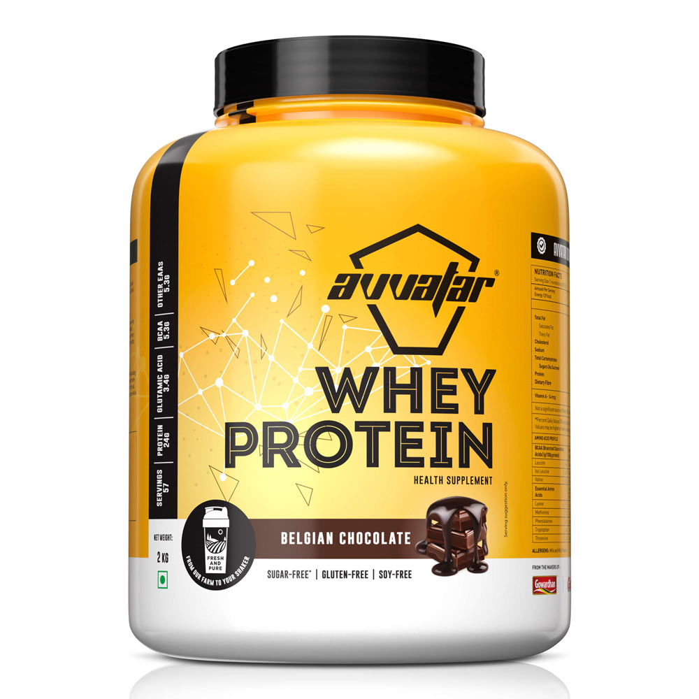 Boost your workouts with Avvatar's 2kg belgian chocolate whey protein. Deliciously rich flavor, high-quality protein for optimal fitness results