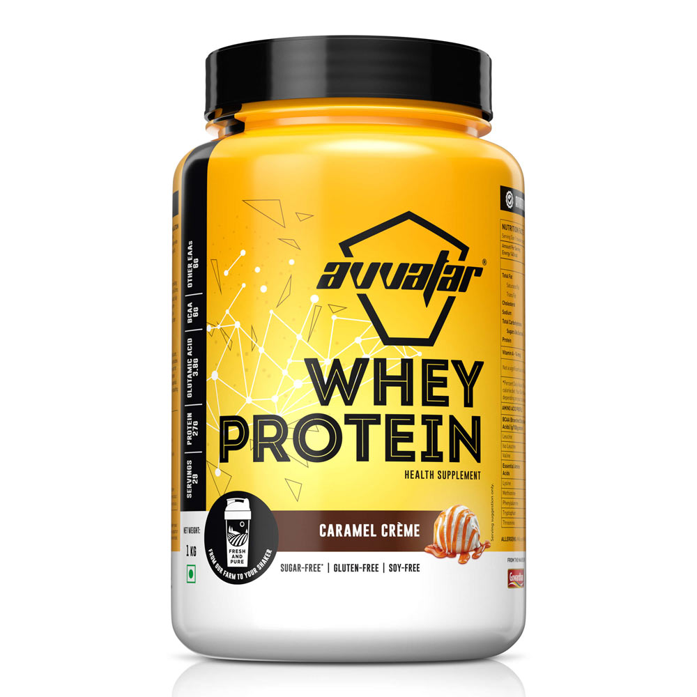 Boost your gains with Avvatar Caramel Crème whey protein. Order now and enjoy the delicious flavor in a 1 kg pack. Fuel your fitness journey today with Avvatar!