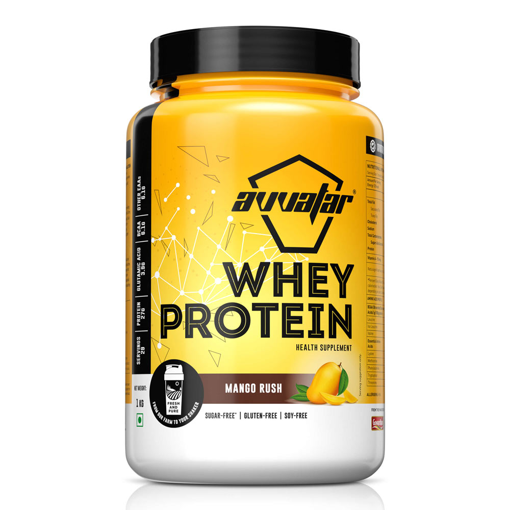 Build strength & enable muscle growth using Avvatar whey protein, 1 kg Mango Rush flavour, with 100% fresh cow's milk. Order now from Avvatarindia.com.