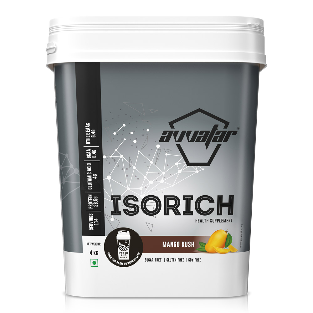 The perfect blend of taste and health with Avvatar isorich protein powder online - Mango Rush flavor. Get 4 kg delivered to your doorstep. Buy now!